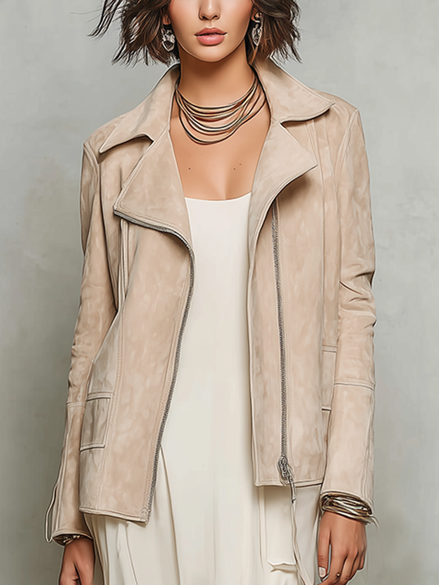Elegant Khaki Suede Jacket And White Dress Set