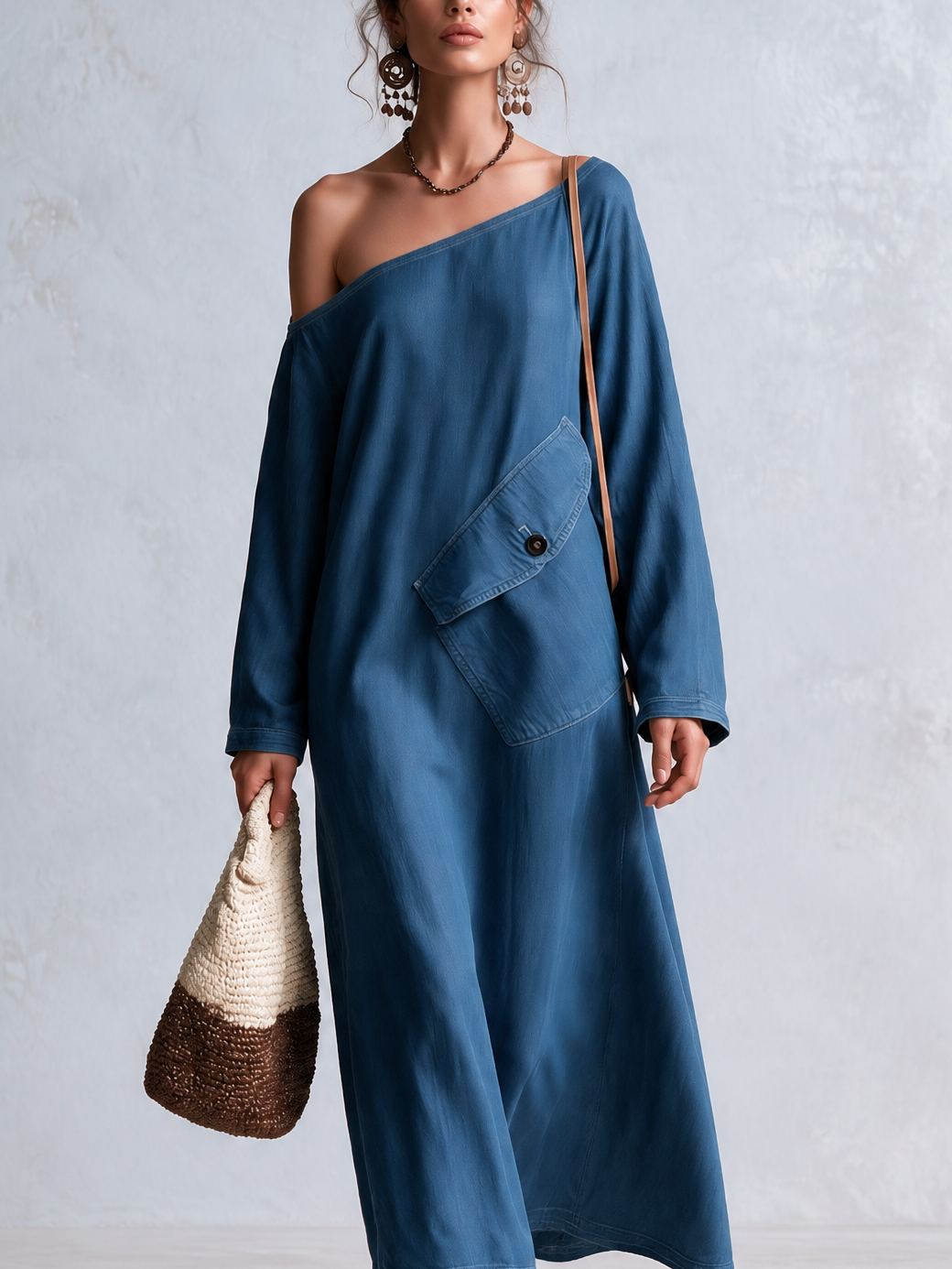 Coastal Boho One Shoulder Denim Maxi Dress