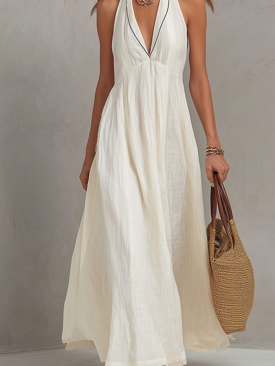 Minimalist Linen Halter Neck V Neck A Line Maxi Dress