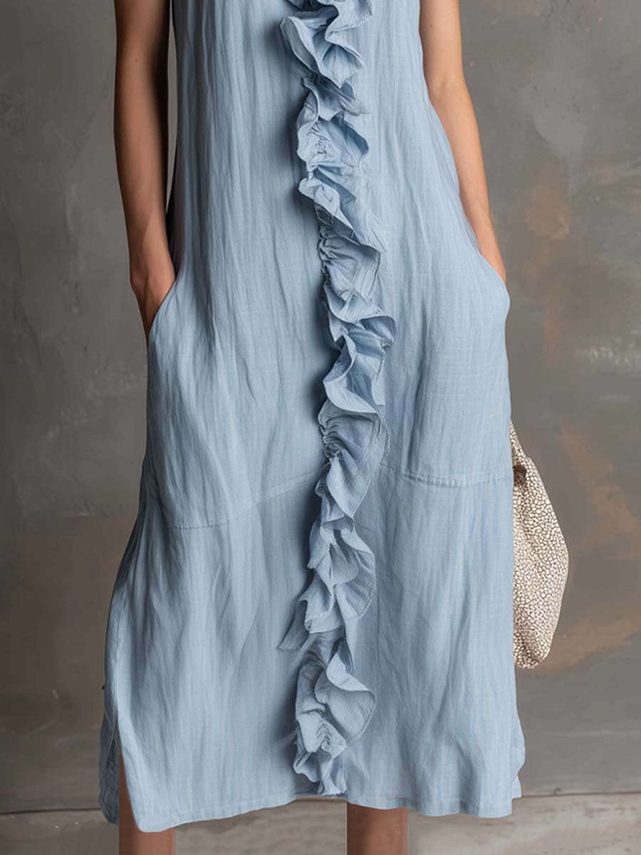 Relaxed Fit Side Pockets Ruffled Placket Cotton-linen Midi Dress