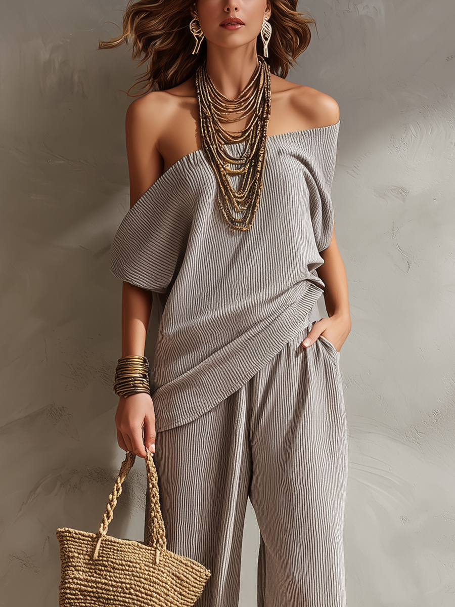 Stylish Light Gray Off Shoulder Pleated Wide Leg Pants Suit
