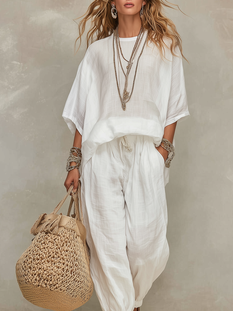 Pure Ivory White Linen Casual Summer Set