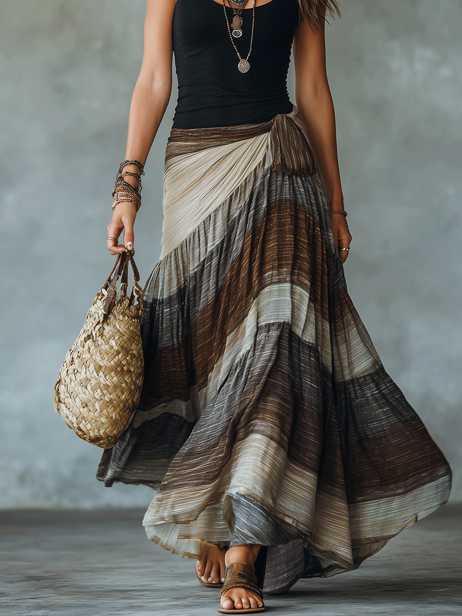Boho Striped Wrap Maxi Skirt & Tank Top Outfit