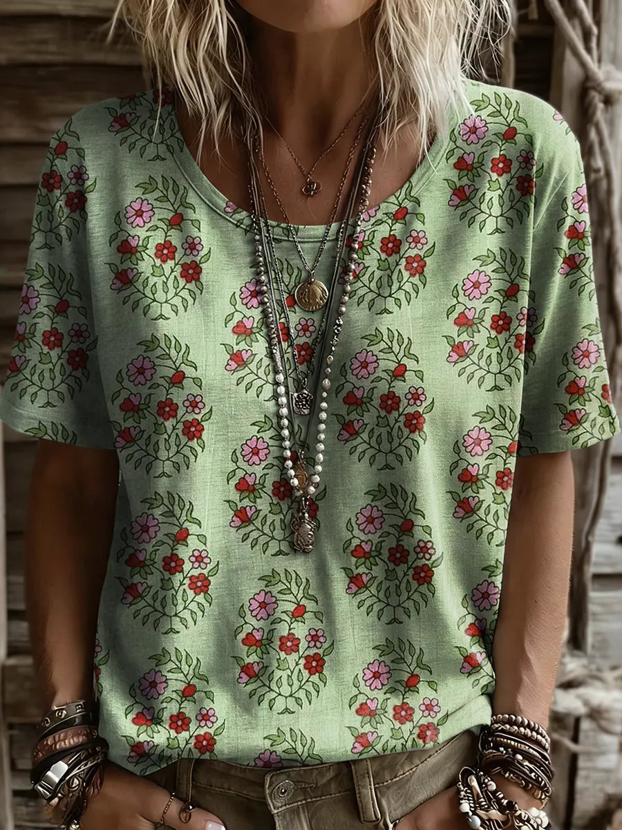 Women's Retro Ethnic Floral Print Round-neck Short-sleeve T-shirt