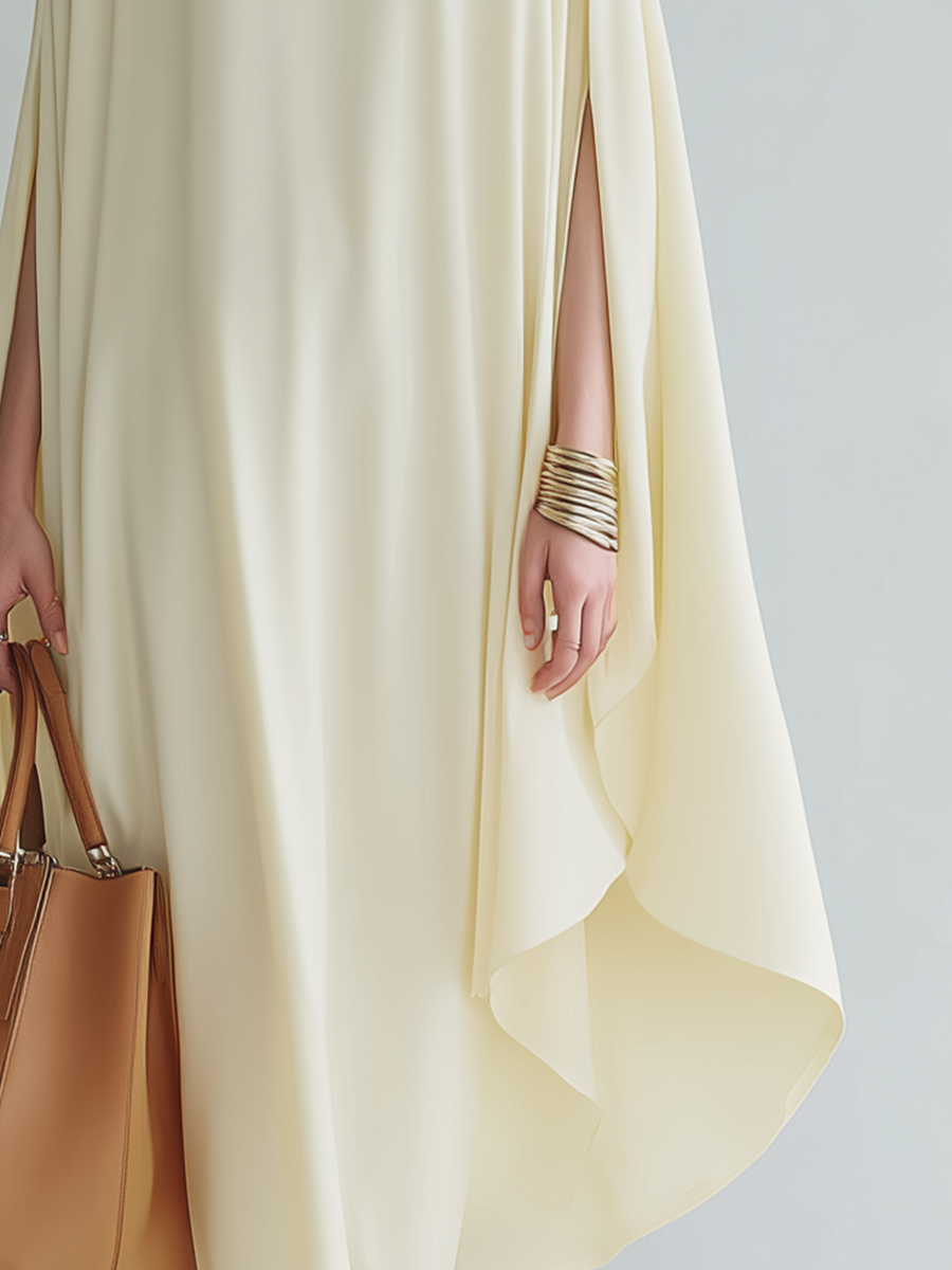 Elegant Fluid Cape-Sleeve Midi Dress