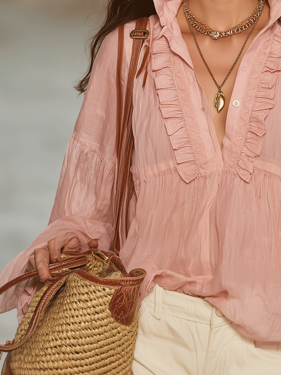 Ruffled Pink Blouse With Boho Charm