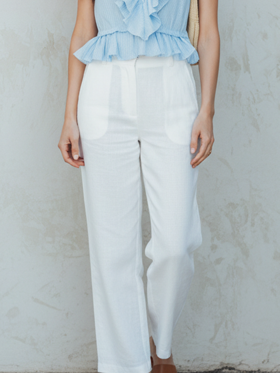 Fresh Light Blue Sleeveless Top With Ruffled Details Paired With White Wide leg Pants