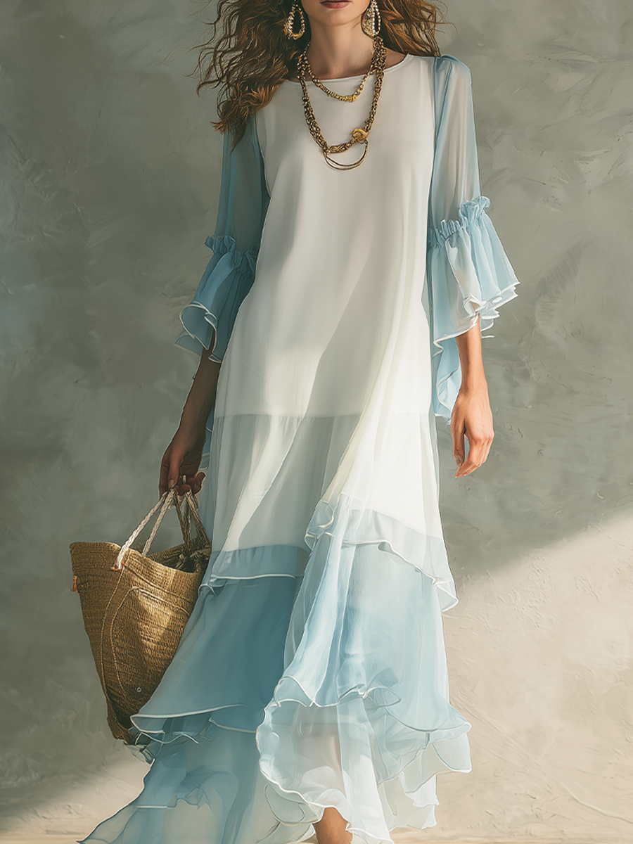 Fresh And Refreshing Light Blue Chiffon Layered Maxi Dress