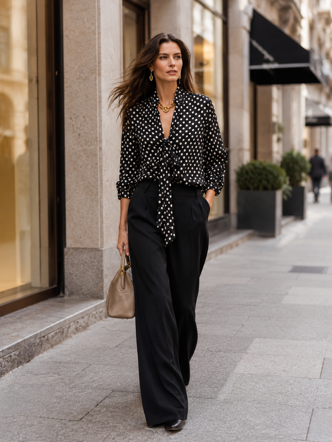 Effortless Glam Satin Polka-Dot Bow-Front Long-Sleeve Black Blouse