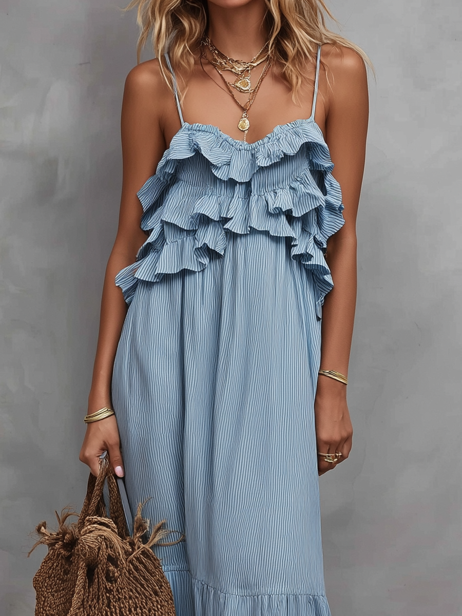 Romantic Striped Ruffled Spaghetti Strap Tiered Maxi Dress