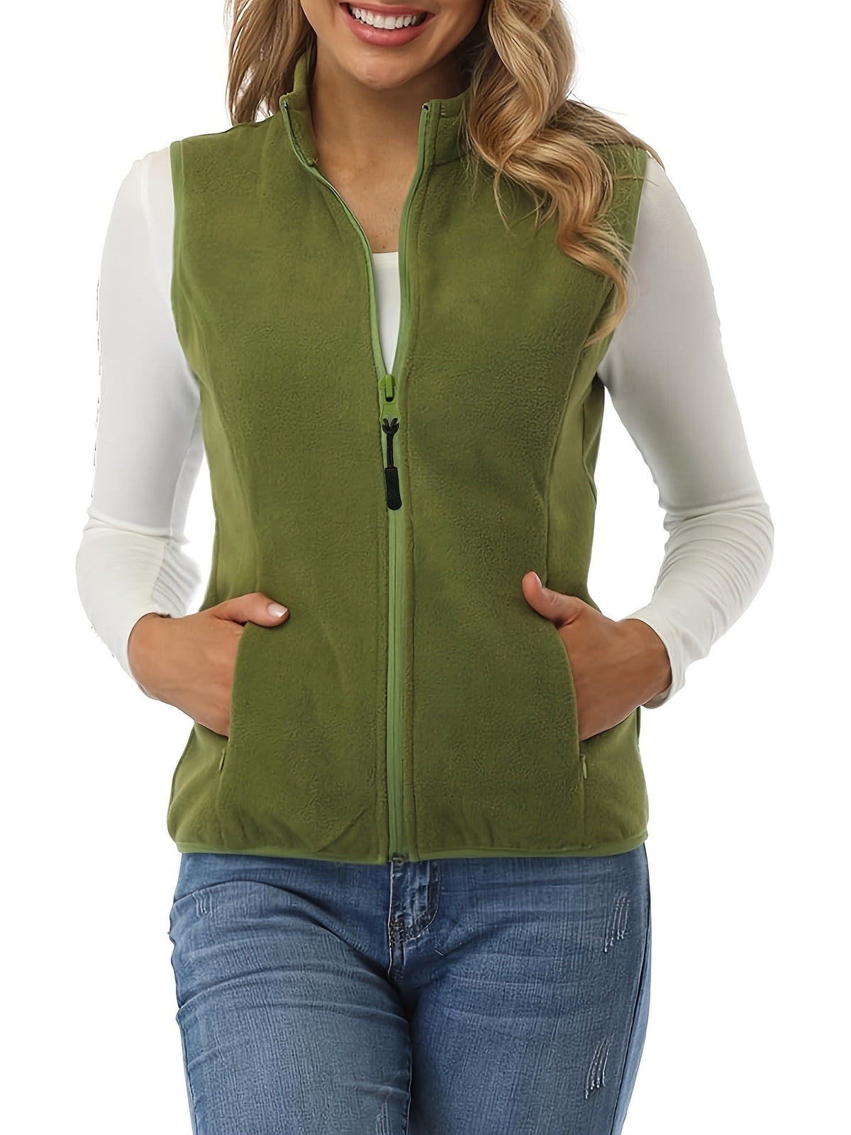 Women's Solid Fleece Full-Zip Stand Collar Vest