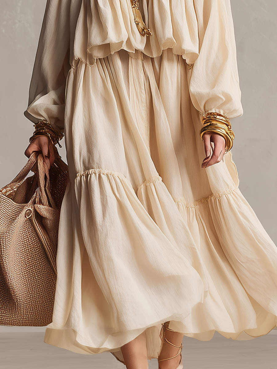 Romantic Cream Tiered Ruffle Maxi Dress