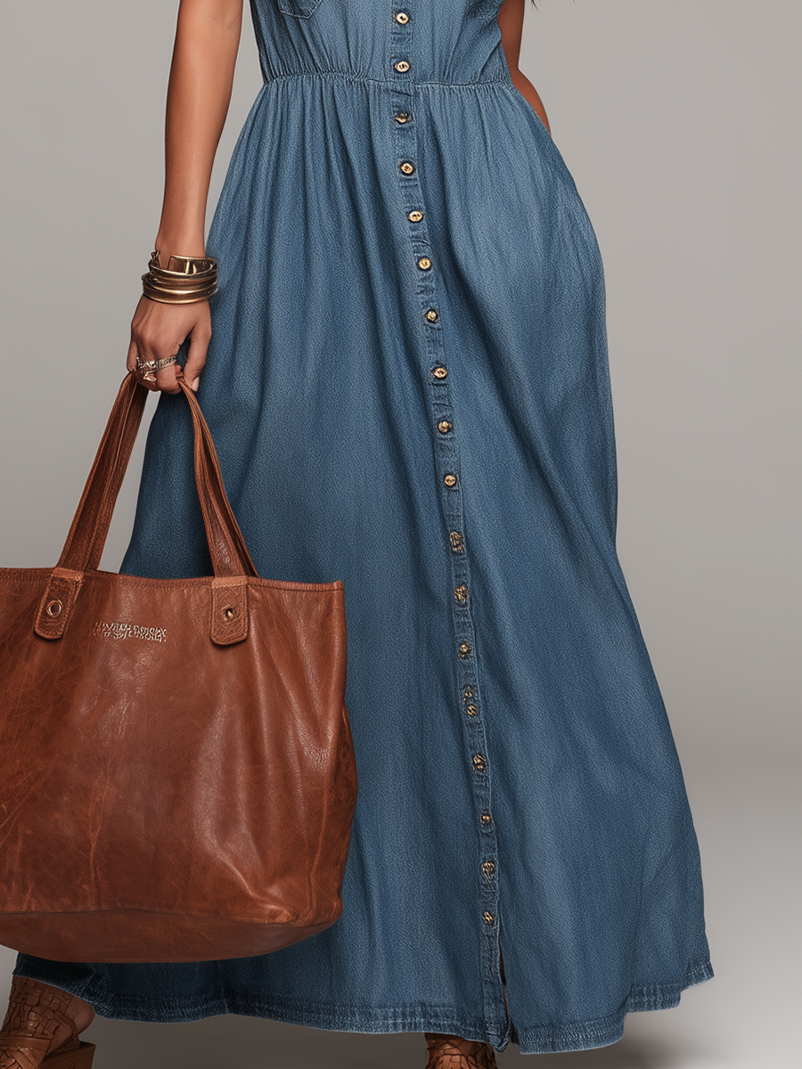 Classic Blue Sleeveless Button-Front Maxi Dress