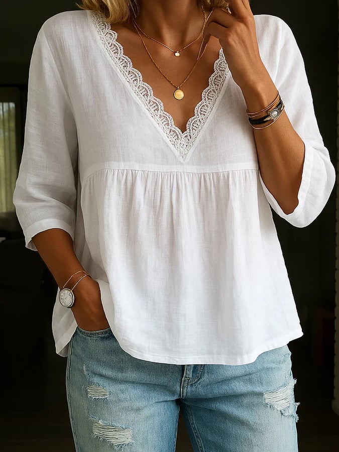 Women's Retro Lace Patchwork Cotton Linen Shirt