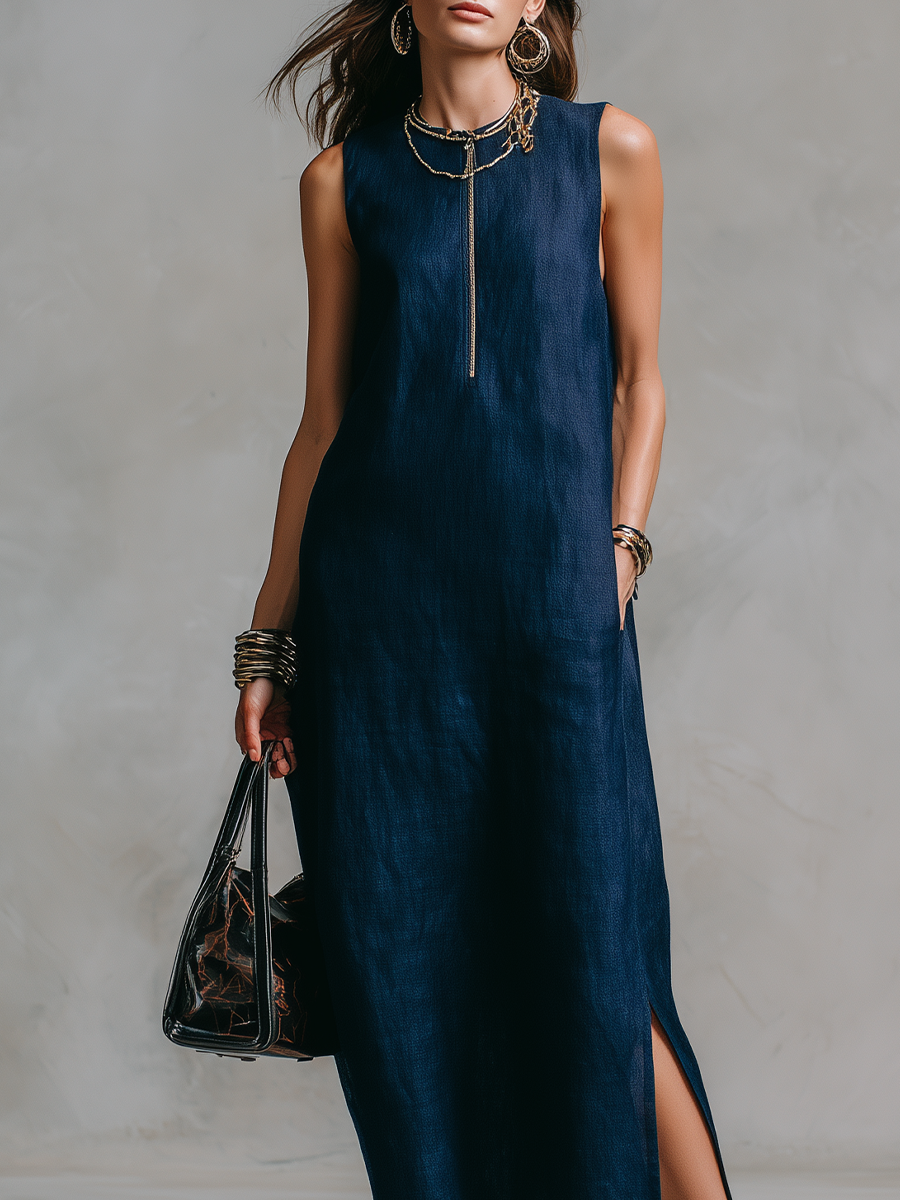 Casual Midnight Blue Zipper Linen Maxi Dress