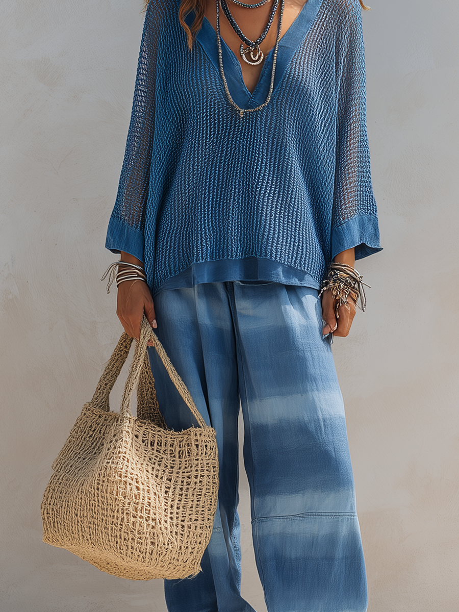Bohemian Blue Knit Top With Denim Patchwork