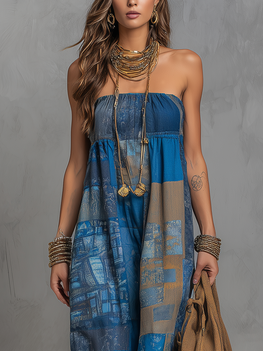 Bohemian Blue Floral Print Strapless Maxi Dress