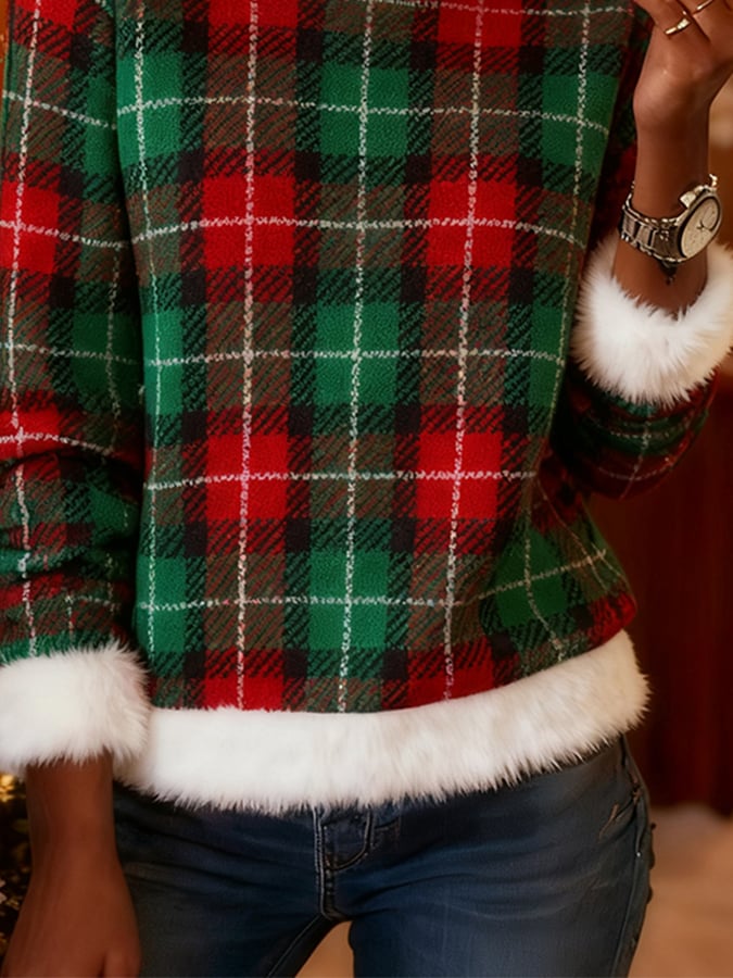 Women's Round Neck Plush Stitching Christmas Sweatshirt