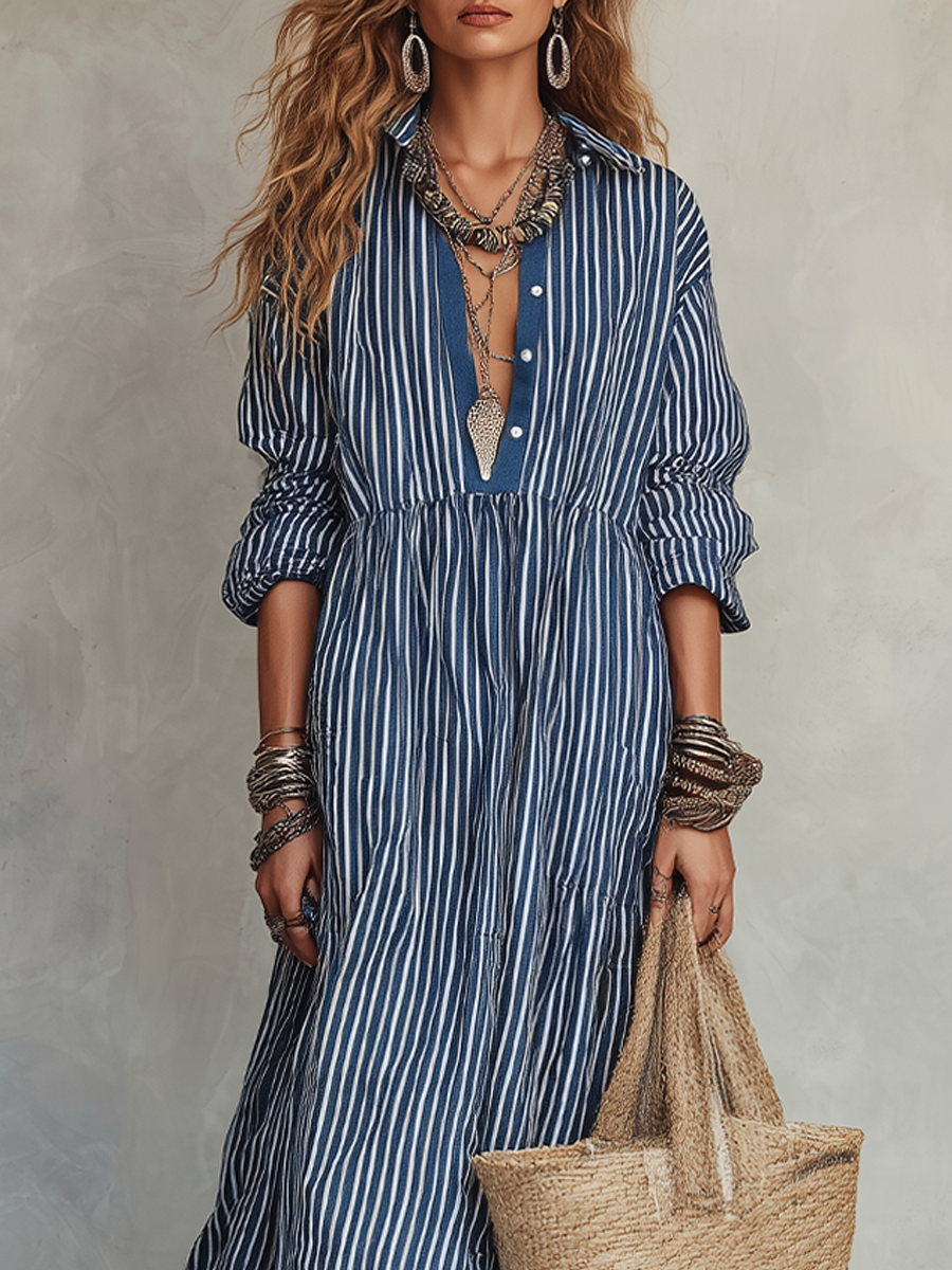 Retro Indigo Striped Bohemian Maxi Dress
