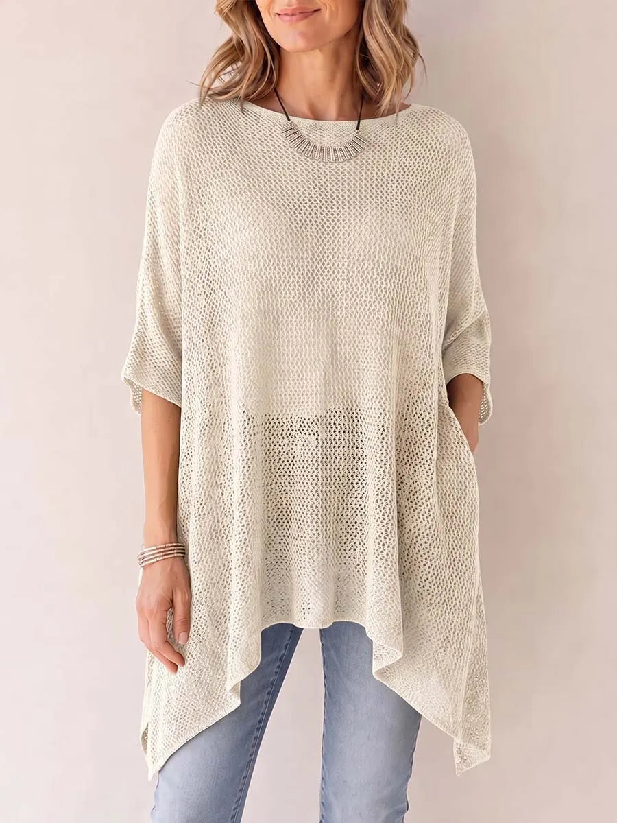 Women's Solid Color Round Neck 3/4 Sleeve Casual Loose Knitted Hollow-out Mesh Top
