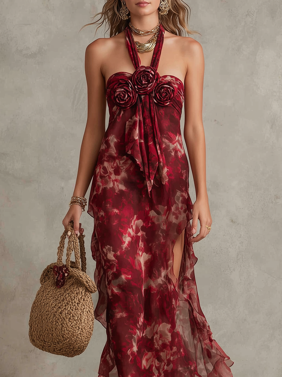Romantic Floral Print 3D Rose Halter Neck Chiffon Dress