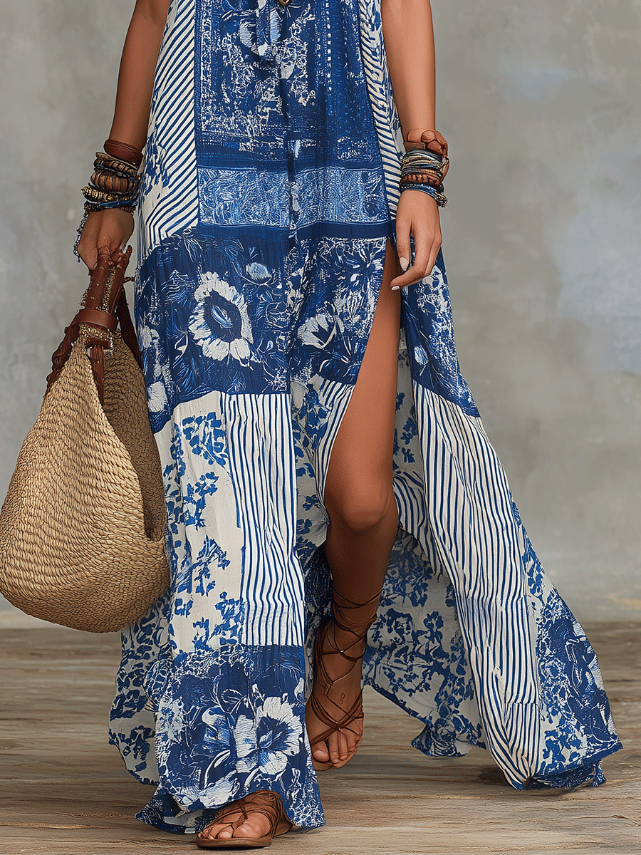 Boho Bliss Chic Slit Blue Floral Maxi Dress