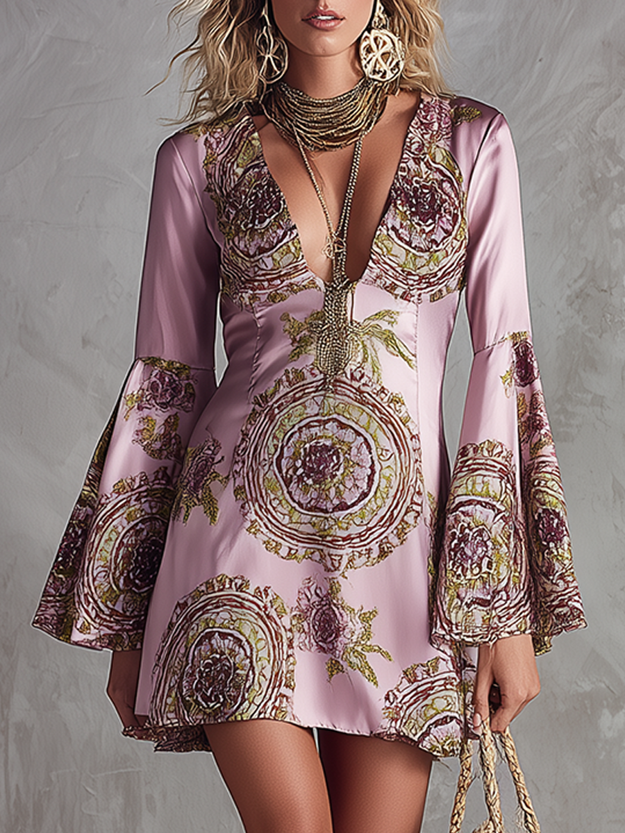 Delicate Pink And Purple Totem Print Satin Dress