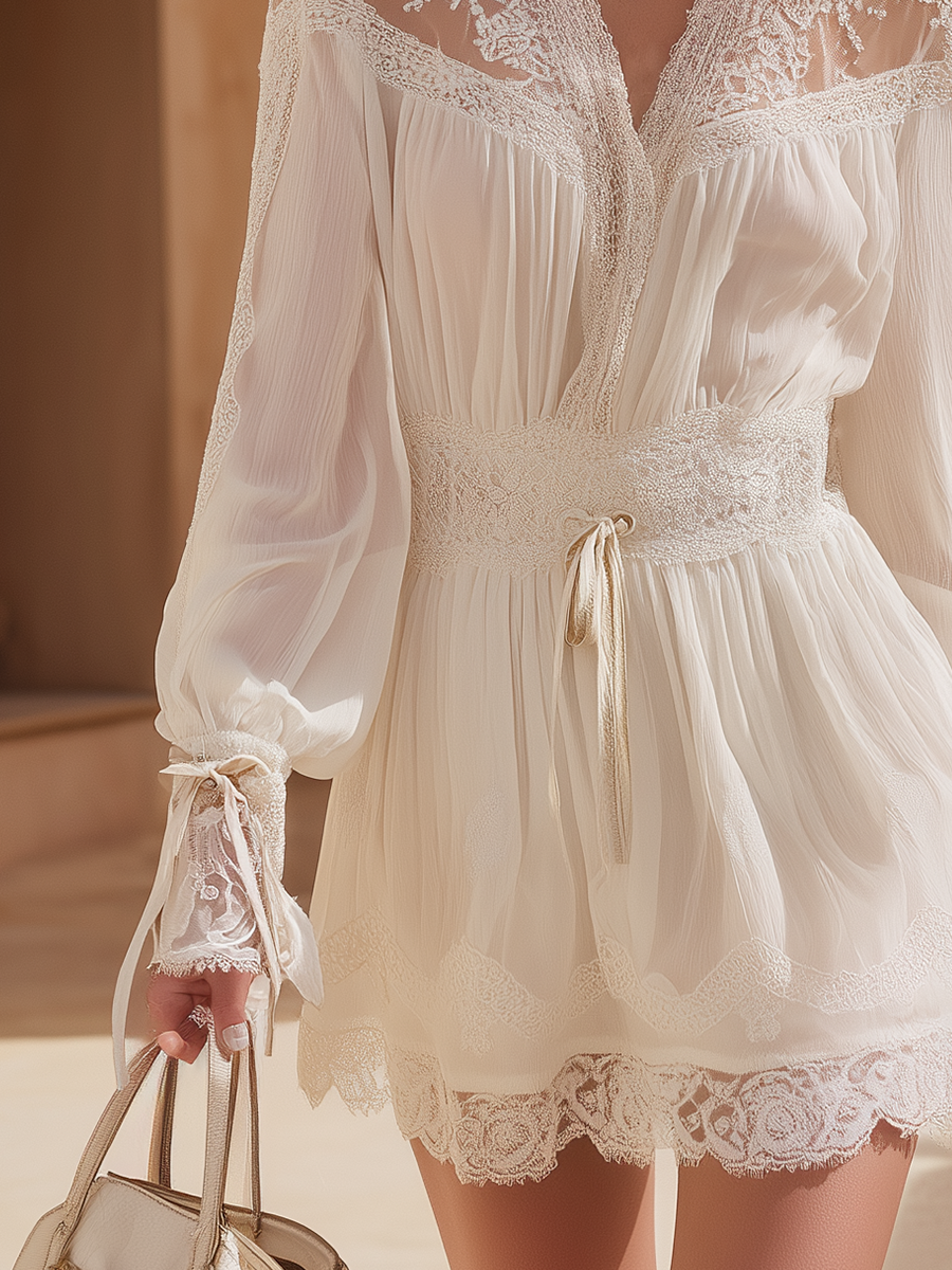 Poetic Lace-Trim Chiffon Mini Dress