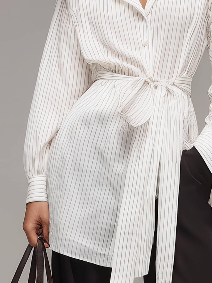 Polished Pinstripe Belted Shirt