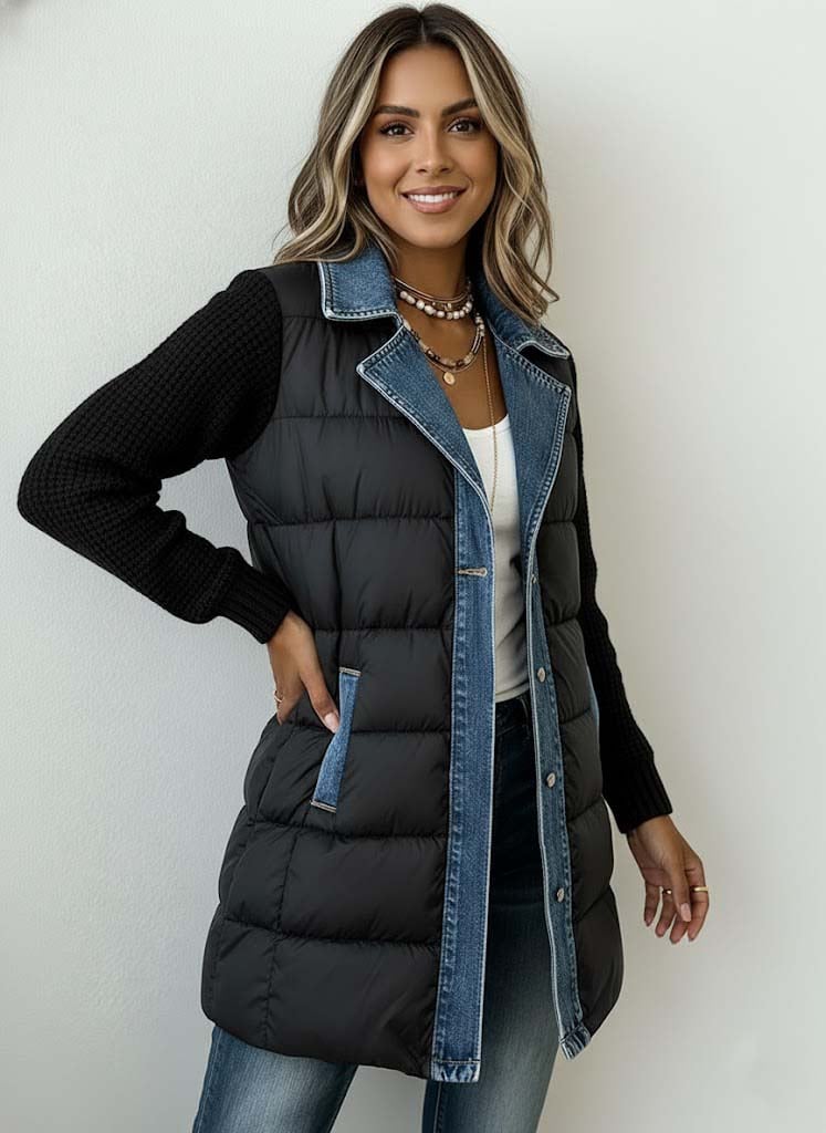 Women's Casual Knit Paneled Denim Cotton-Padded Coat