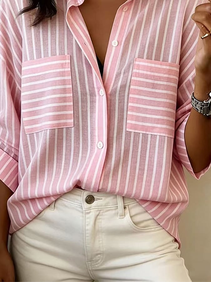 Women'S Casual Collared Mid-Length Sleeve Striped Shirt