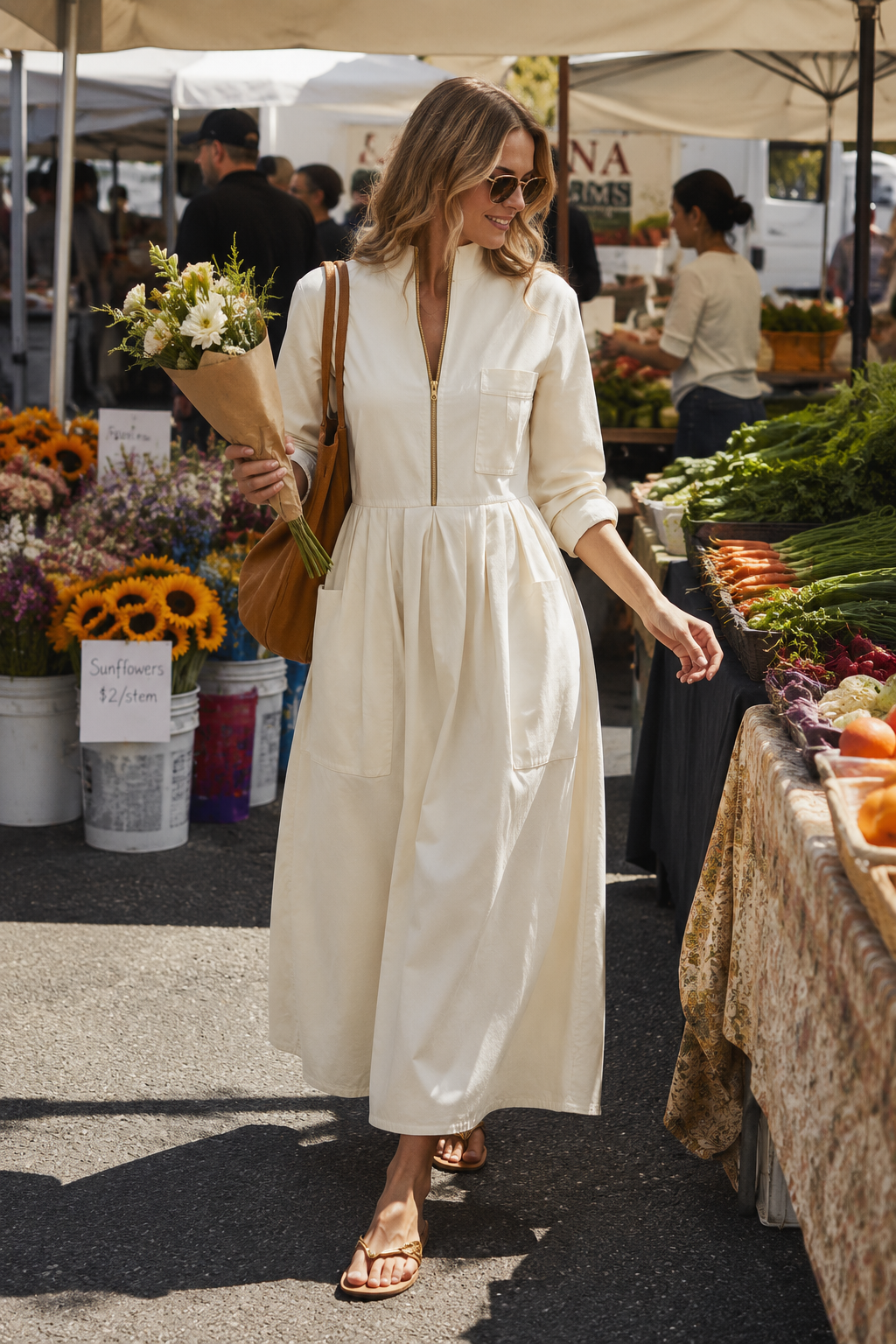 Women's Half-Zip Stand Collar Long Sleeve Pockets Maxi Dress