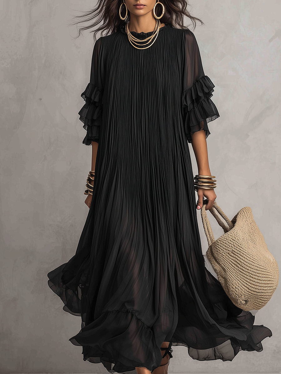 Elegant Pleated Sheer Bohemian Maxi Dress
