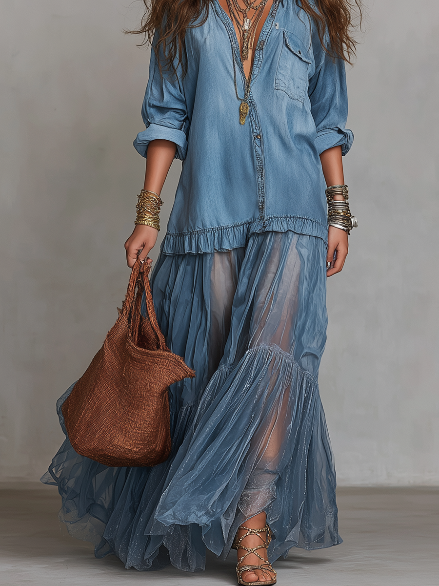 Bohemian Blue Denim Patchwork Organza Dress