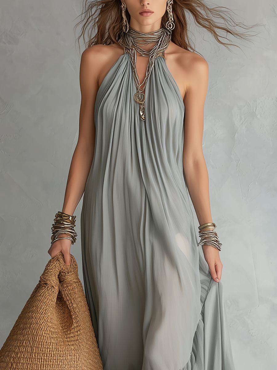 Bohemian Misty Gray Backless Flowing Maxi Dress