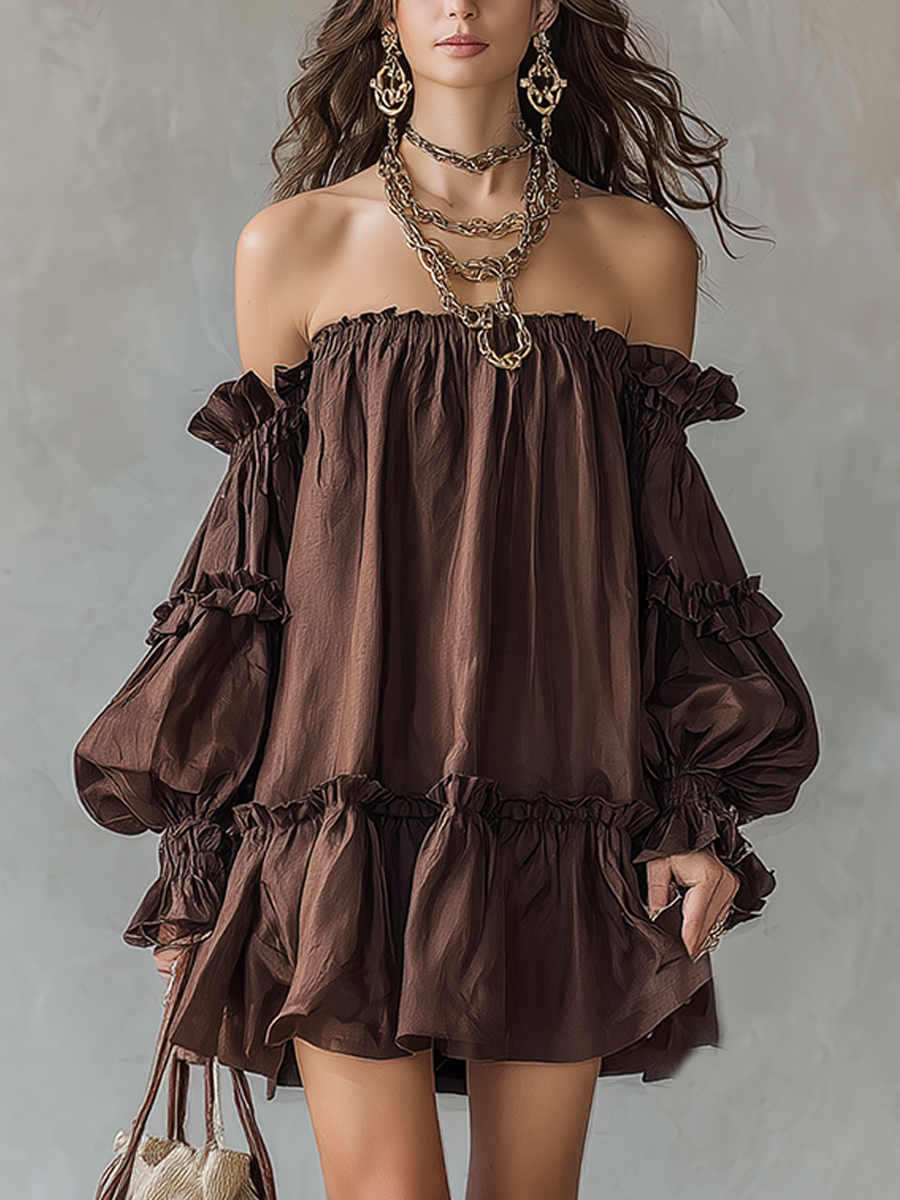 Bohemian Brown Off The Shoulder Ruffle Dress