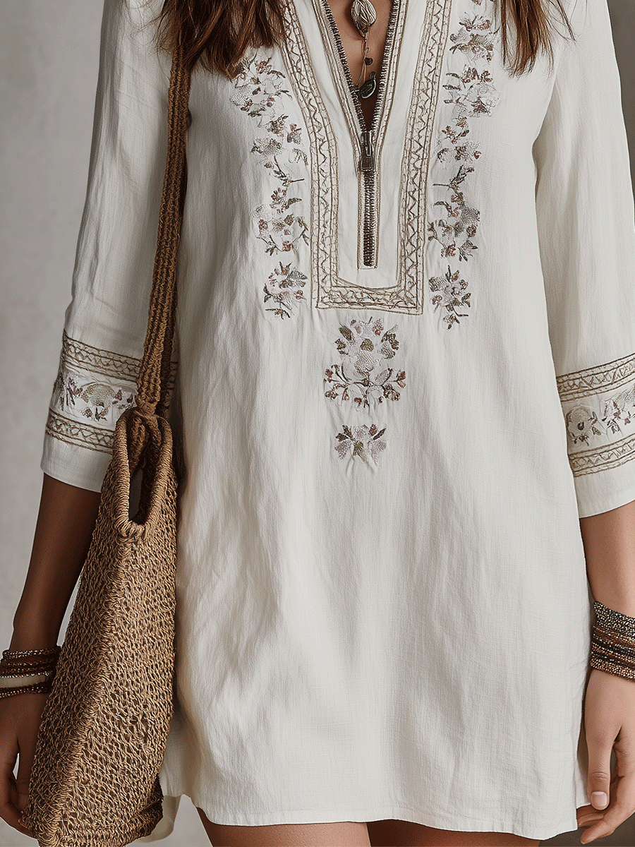 Vintage Ivory Embroidered Boho Tunic Mini Dress
