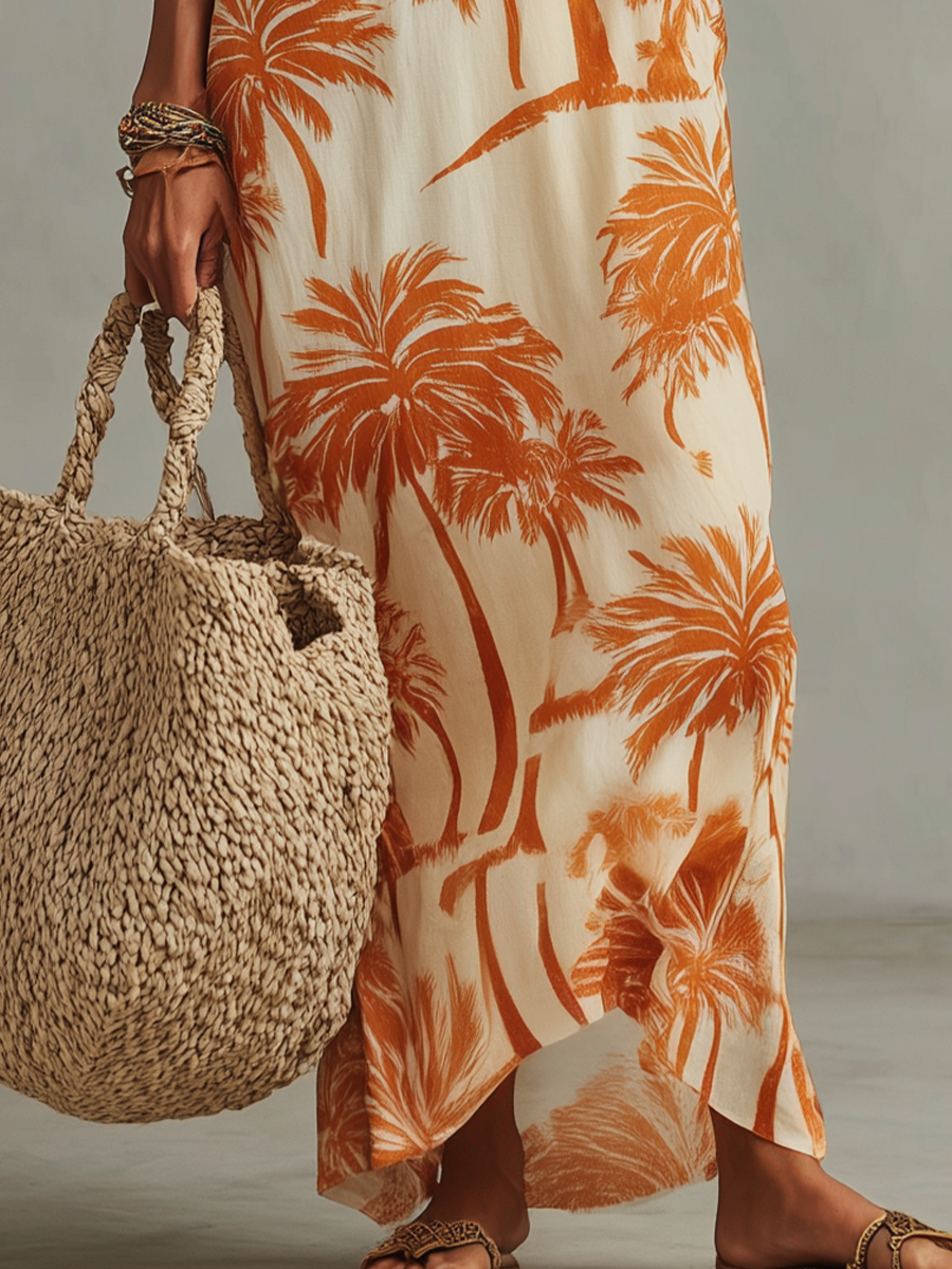 Tropical Palm Tree Print V-Neck Maxi Dress