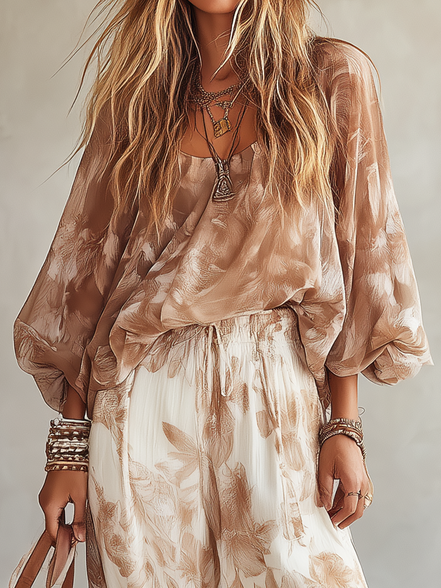 Chic Taupe Floral-Print Cami & Wide-Leg Pant Set