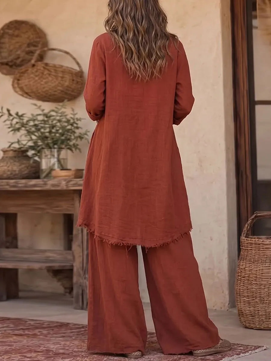 Women's Solid Color Round Neck Long Sleeve Casual Loose Cotton Linen Top And High Waist Wide Leg Pants Cotton Linen Set