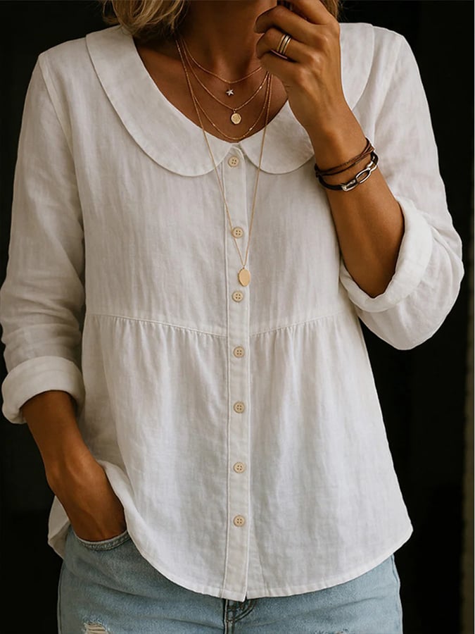 Women's Retro Peter Pan Collar Cotton Linen Shirt