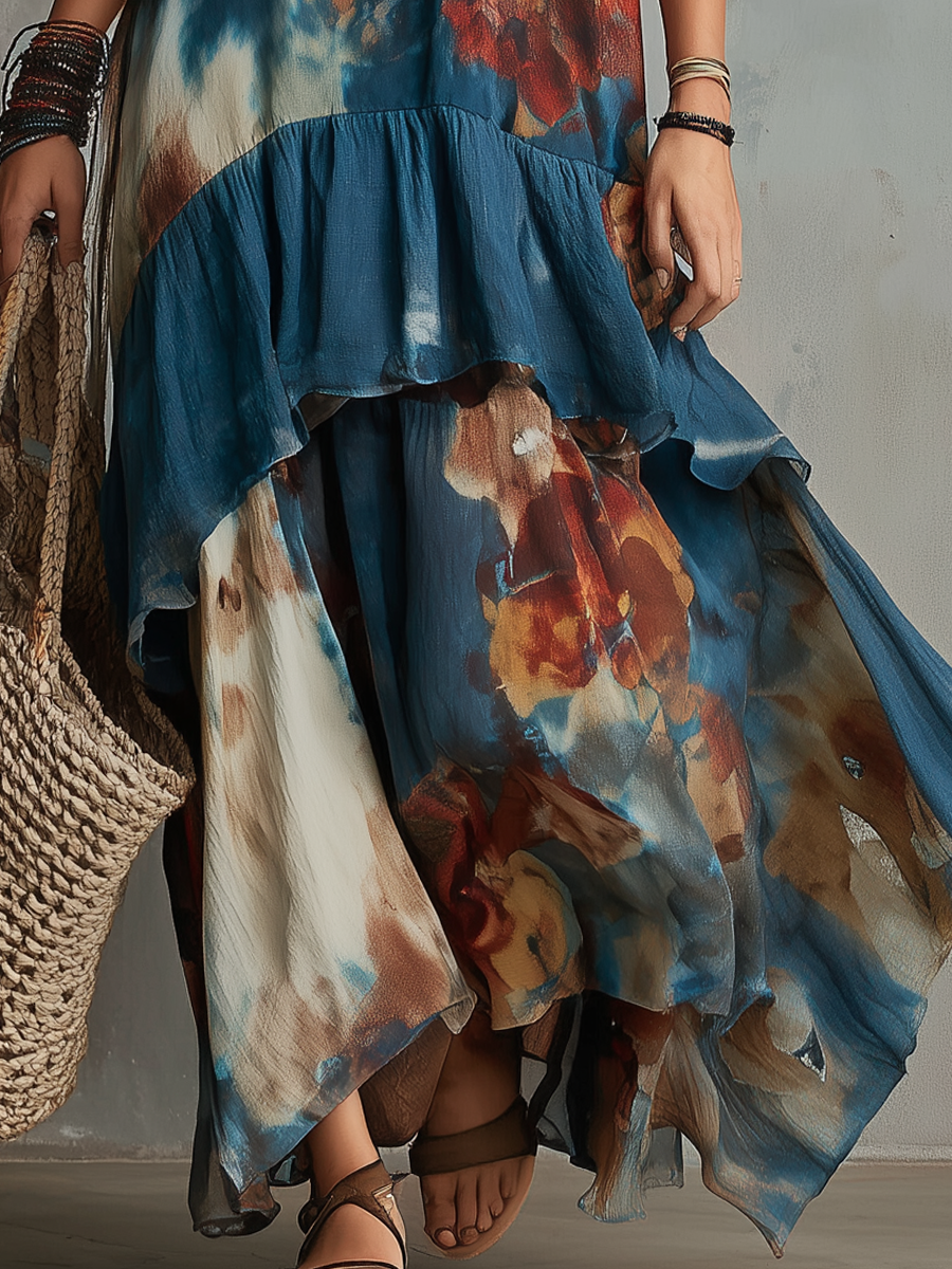 Boho Tie-Dye Halter Ruffled Asymmetrical Maxi Dress