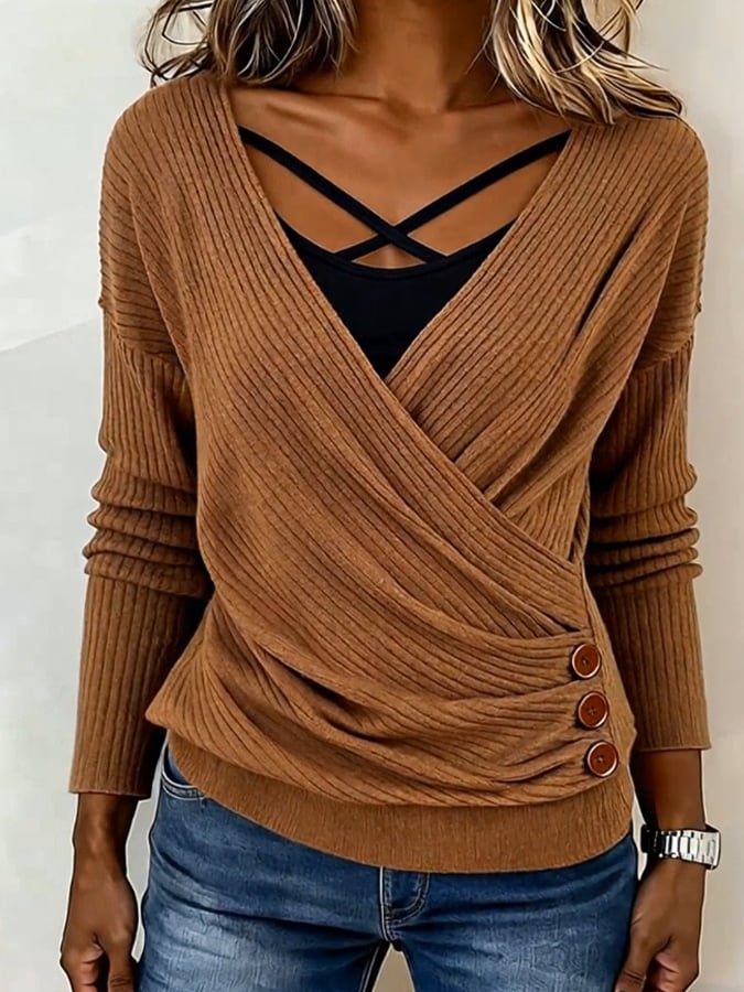 Women'S Casual Color-Blocked Faux Two-Piece Long-Sleeved Top