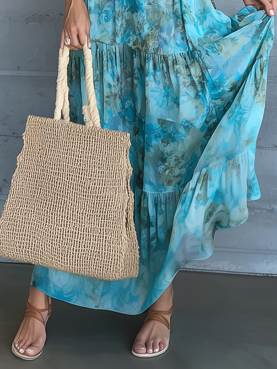 Vibrant Turquoise Floral-Print Spaghetti Strap Tiered Maxi Dress