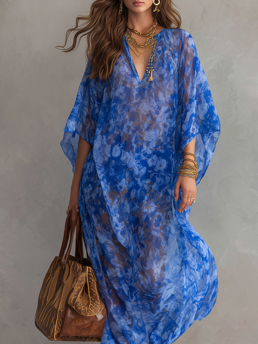 Lightweight Bohemian Blue Floral Print Maxi Dress