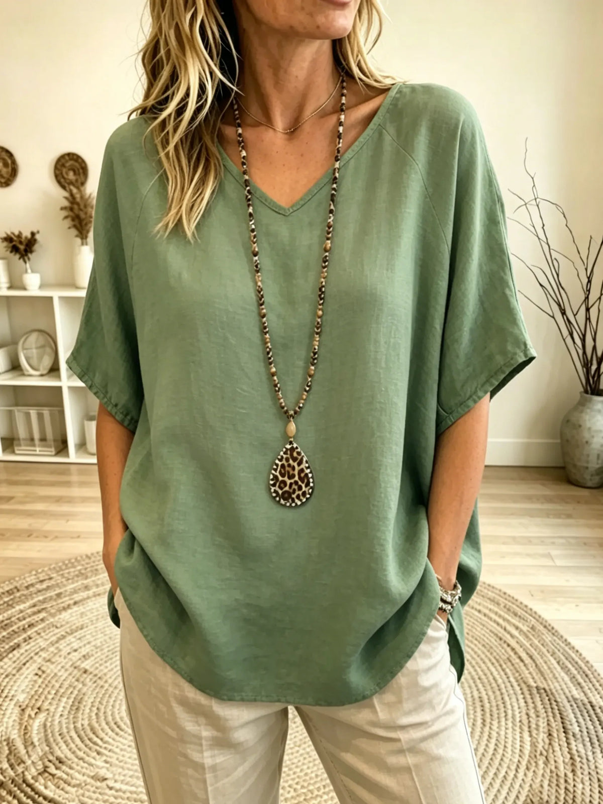 Women's V Neck Short Sleeve Linen Blouse Top
