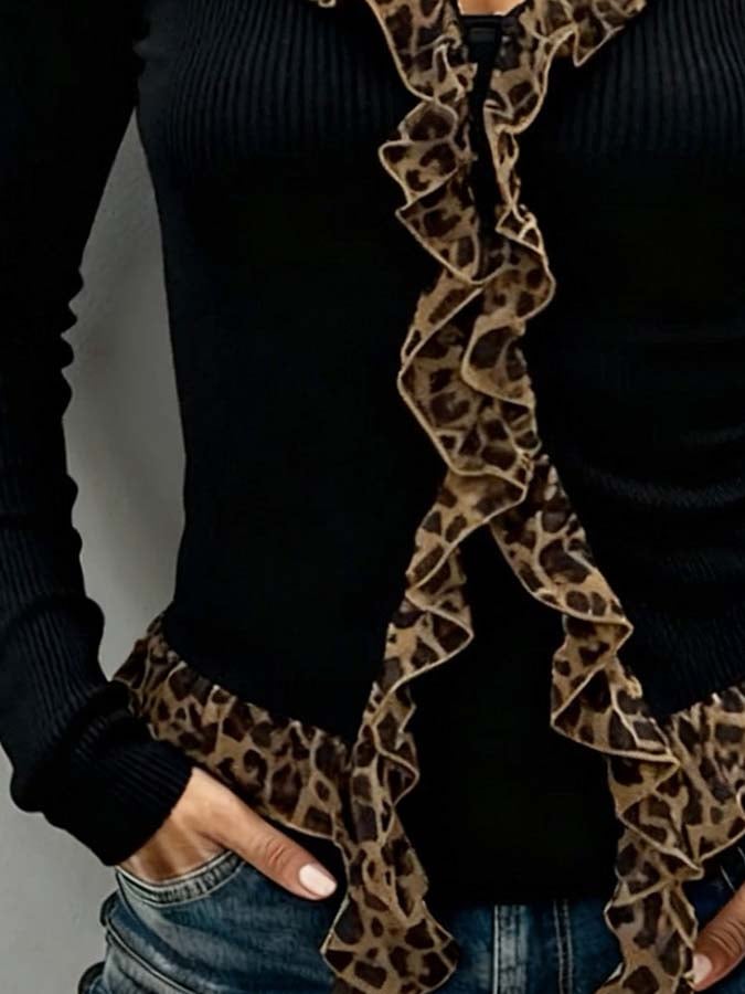 Women'S Casual Leopard Print Color-Block Spliced Top