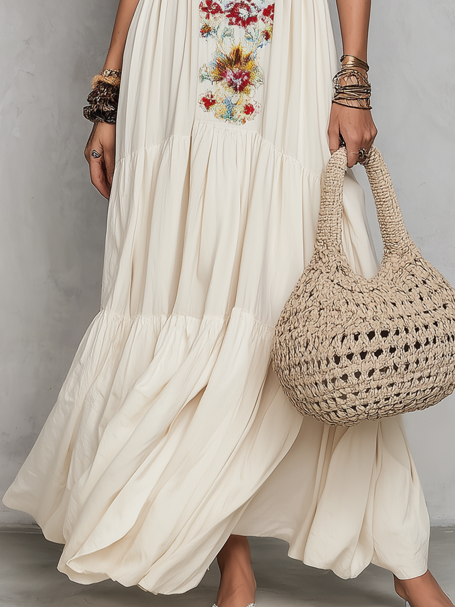 Colorful Floral Embroidered V-Neck Tiered Maxi Dress