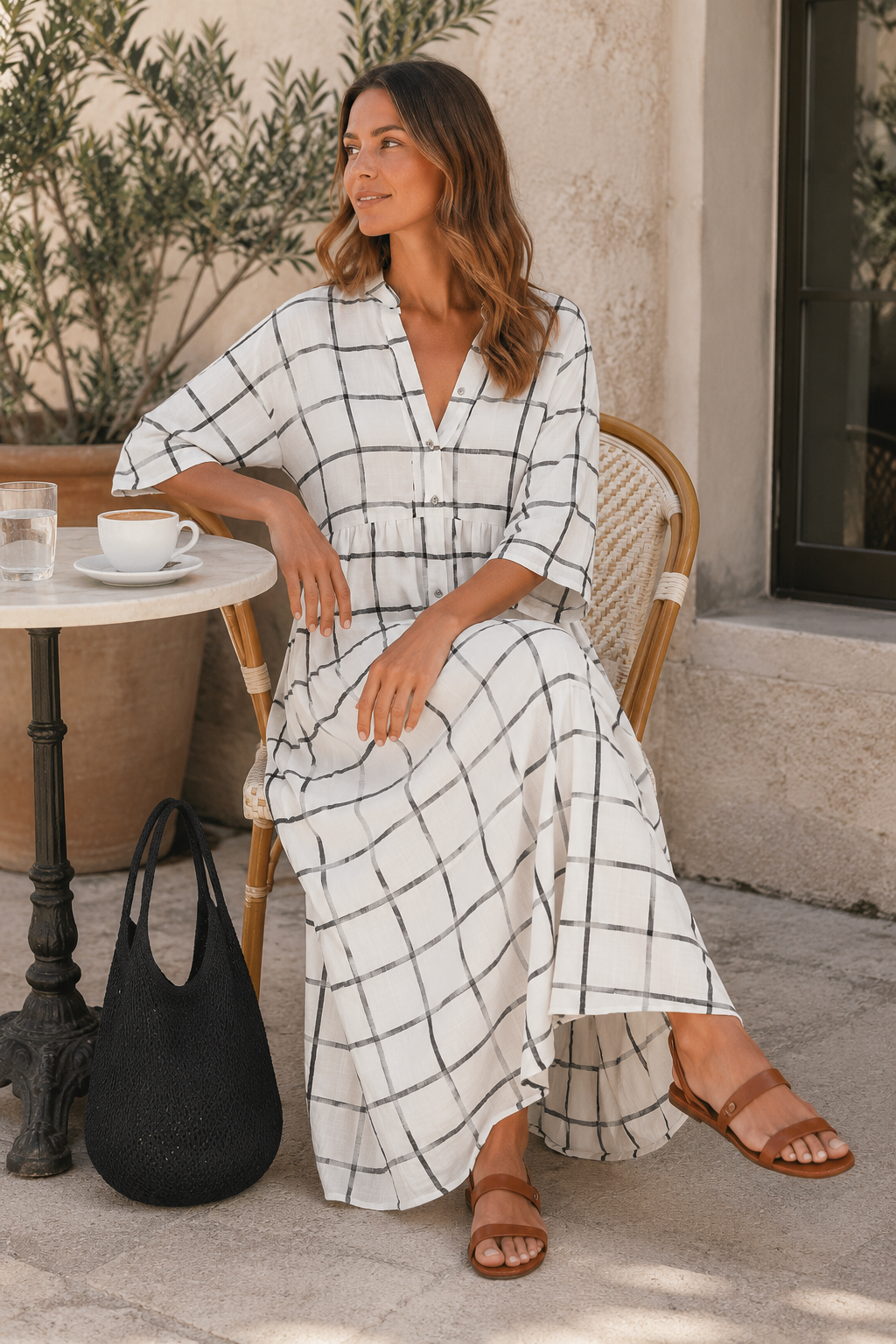Windowpane Check Print Button-Front Maxi Shirt Dress with Half Sleeves