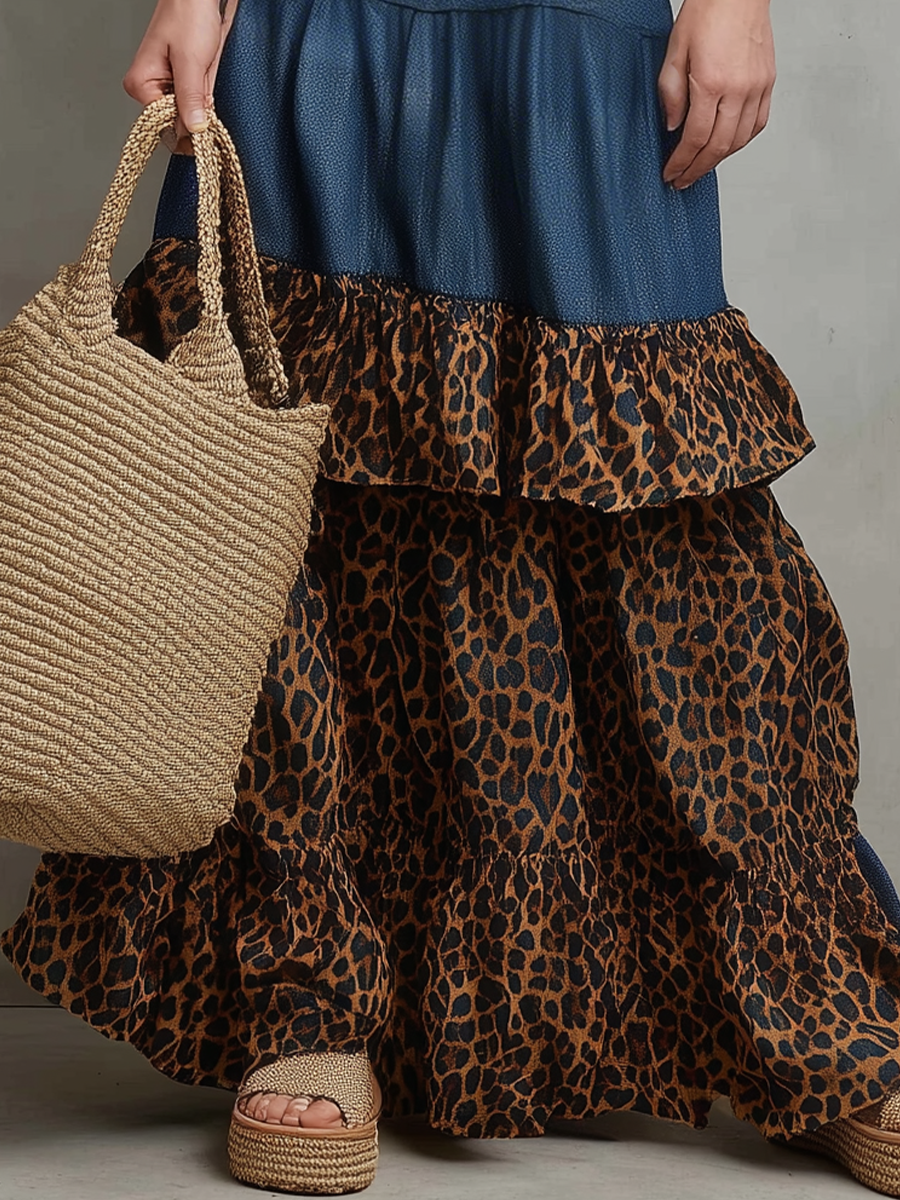Edgy Denim Leopard-Print Spaghetti Strap Tiered Maxi Dress